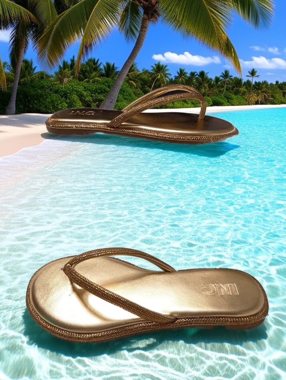 INC International Concepts Gold Rhinestone Bling Flip-flop Sandals New/With Flaw